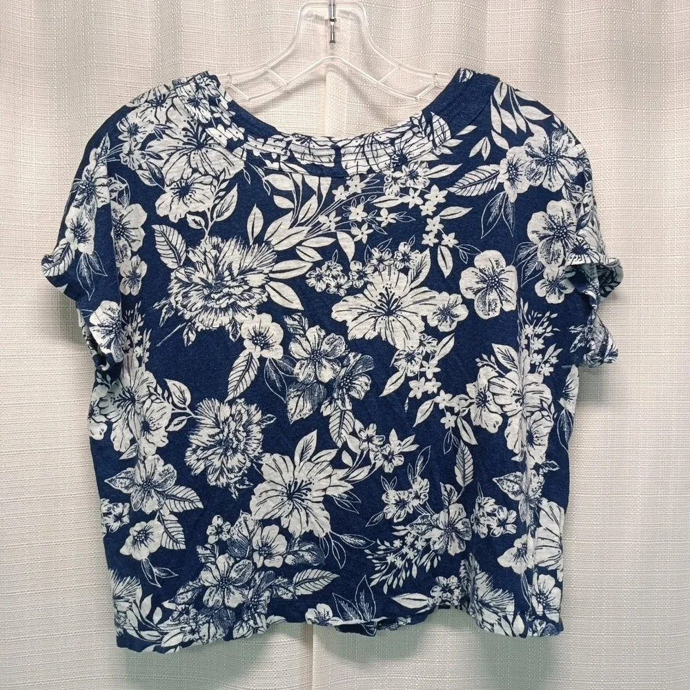 C&C California Women L Navy Blue White Floral 100% Linen Button Front Top Beach